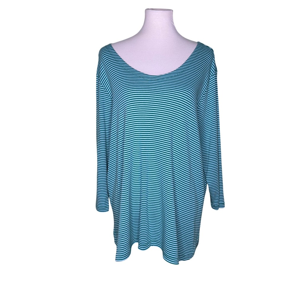 JJill Pima 3/4-Sleeve Scoop Neck Tee Green Blue Nautical Striped Cotton Top XL